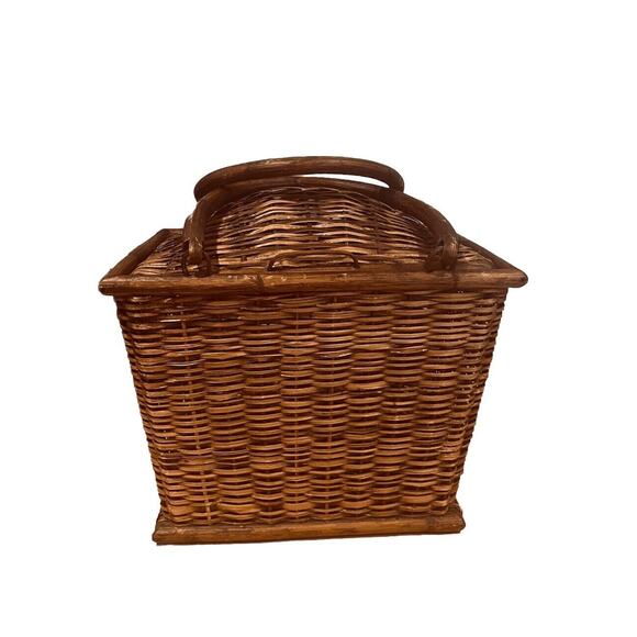 Antique Picnic Basket Woven Wood Wicker Market Handle Primitive Handmade Shoppin - Picture 4 of 6